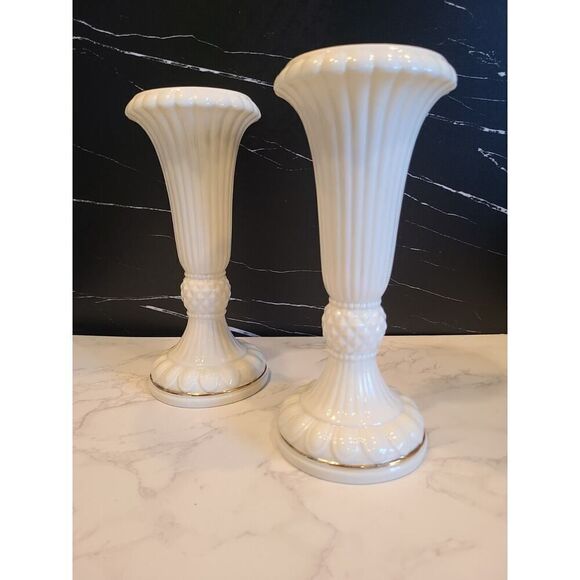 Lenox 10" Classic Ivory 24K Gold Trim Fluted Pillar Candle Holders Set of 2 EUC - Picture 2 of 8